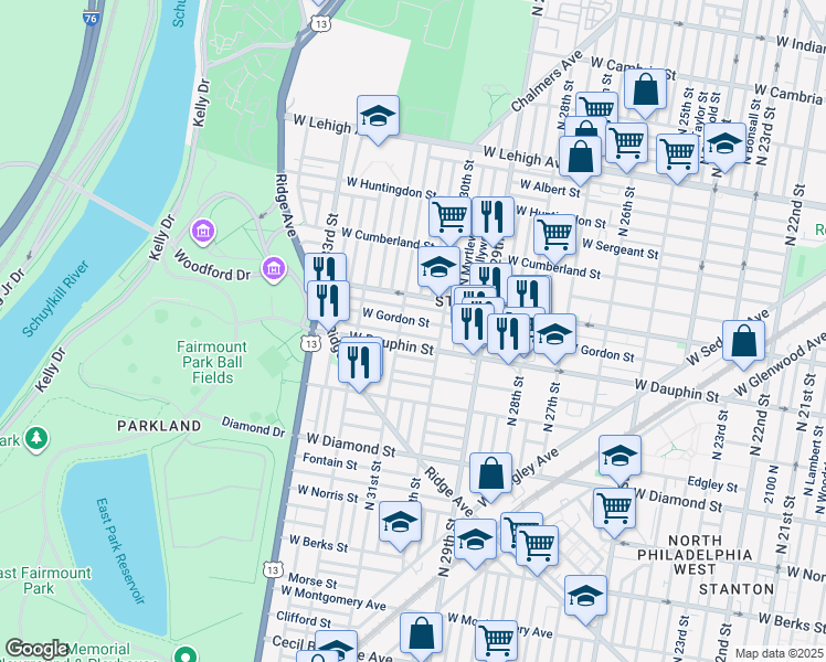 map of restaurants, bars, coffee shops, grocery stores, and more near 3025 West Dakota Street in Philadelphia
