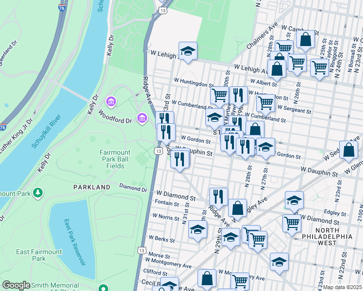 map of restaurants, bars, coffee shops, grocery stores, and more near 2307 North 32nd Street in Philadelphia