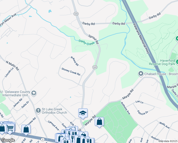 map of restaurants, bars, coffee shops, grocery stores, and more near 310 North Kent Road in Broomall
