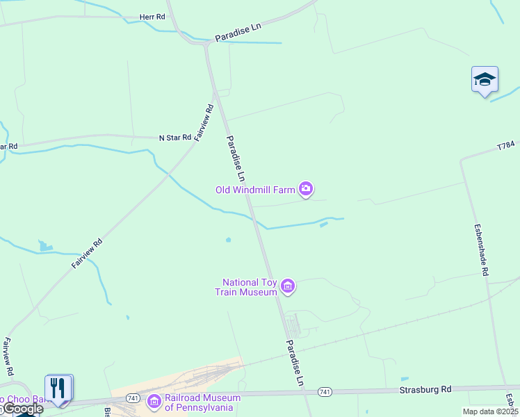 map of restaurants, bars, coffee shops, grocery stores, and more near 264 Paradise Lane in Ronks