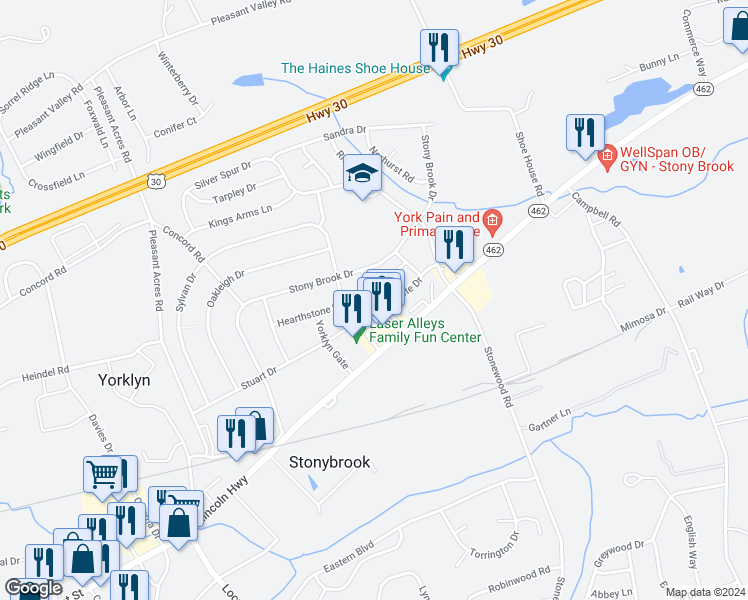 map of restaurants, bars, coffee shops, grocery stores, and more near 3968 Eastgate Drive in York