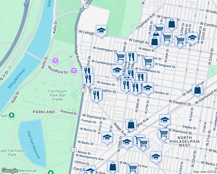 map of restaurants, bars, coffee shops, grocery stores, and more near 2313 North 31st Street in Philadelphia