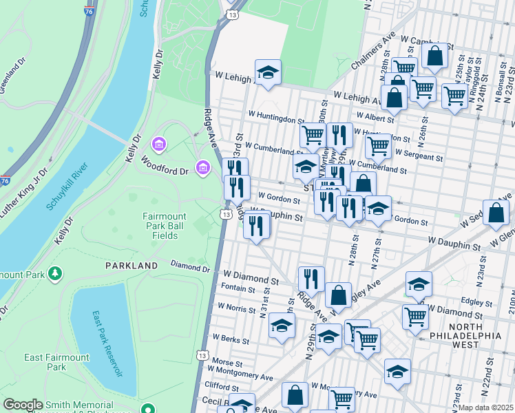 map of restaurants, bars, coffee shops, grocery stores, and more near 2307 North 32nd Street in Philadelphia