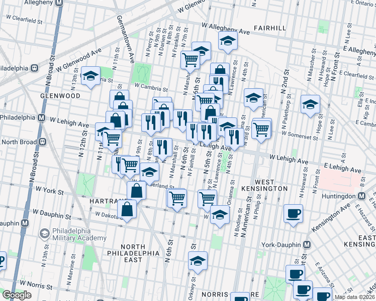 map of restaurants, bars, coffee shops, grocery stores, and more near 2630 North 6th Street in Philadelphia