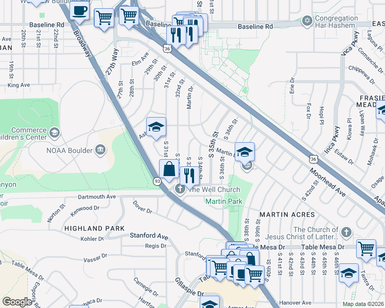map of restaurants, bars, coffee shops, grocery stores, and more near 115 South 34th Street in Boulder