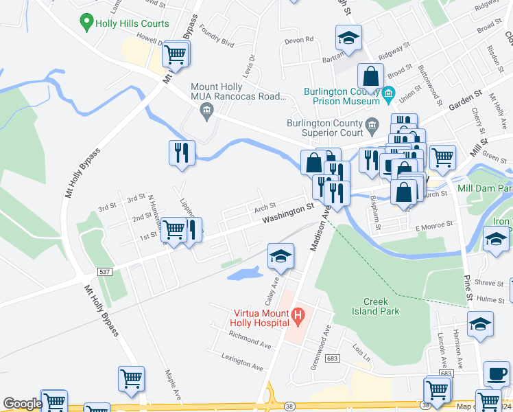 map of restaurants, bars, coffee shops, grocery stores, and more near 209 Washington Street in Mount Holly