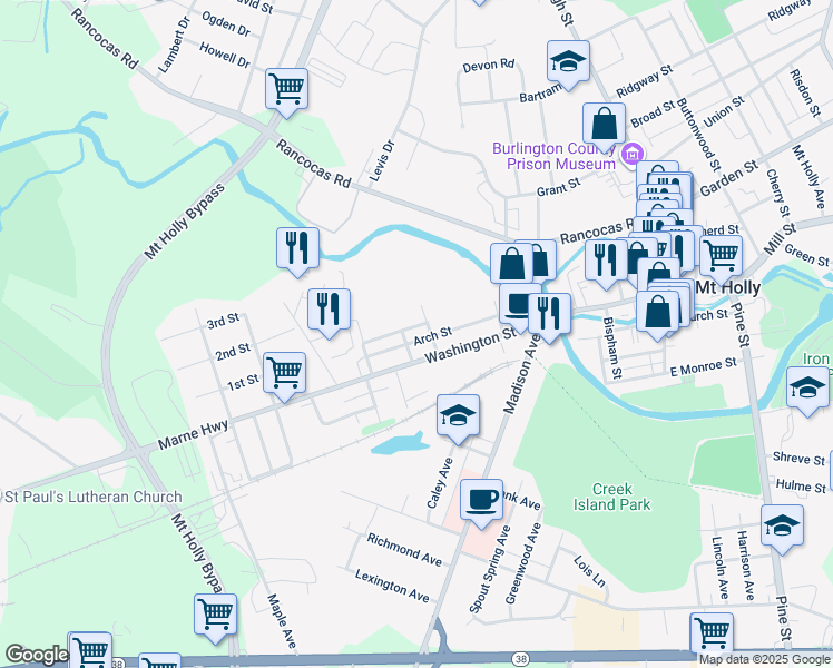 map of restaurants, bars, coffee shops, grocery stores, and more near 209 Washington Street in Mount Holly