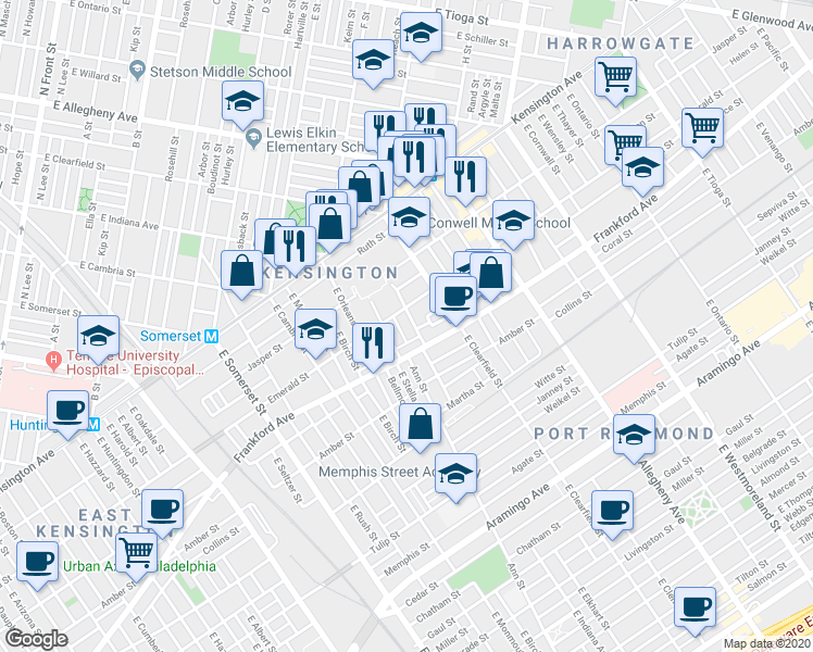 map of restaurants, bars, coffee shops, grocery stores, and more near 2017 East Stella Street in Philadelphia