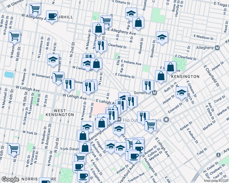 map of restaurants, bars, coffee shops, grocery stores, and more near 201 East Lehigh Avenue in Philadelphia