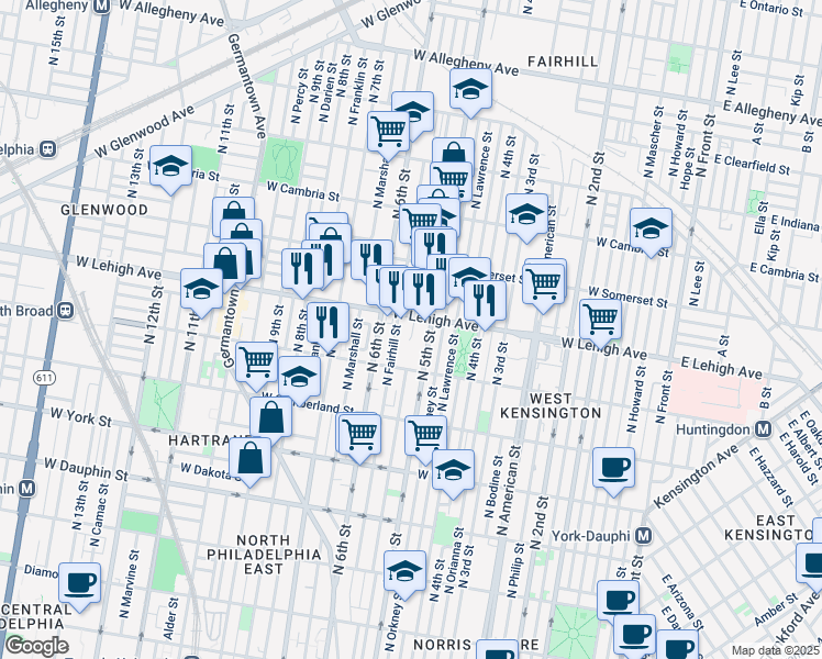 map of restaurants, bars, coffee shops, grocery stores, and more near 2660 North Reese Street in Philadelphia