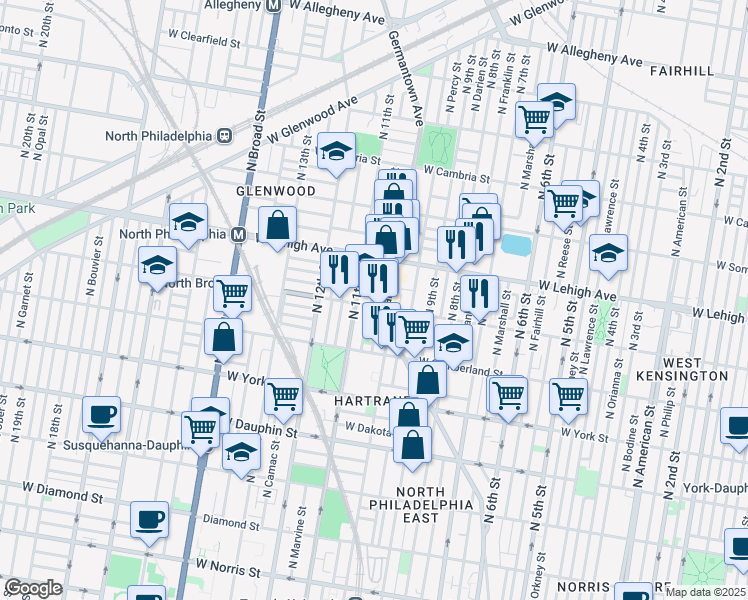map of restaurants, bars, coffee shops, grocery stores, and more near in Philadelphia