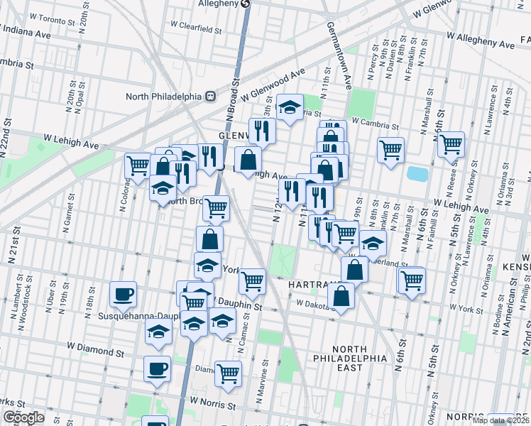 map of restaurants, bars, coffee shops, grocery stores, and more near 2536 North 12th Street in Philadelphia