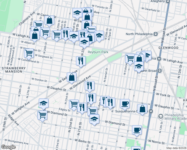 map of restaurants, bars, coffee shops, grocery stores, and more near 2070 West Glenwood Avenue in Philadelphia