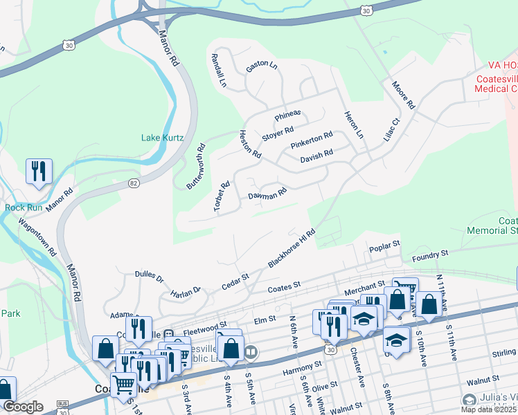 map of restaurants, bars, coffee shops, grocery stores, and more near 1606 Dawman Road in Coatesville