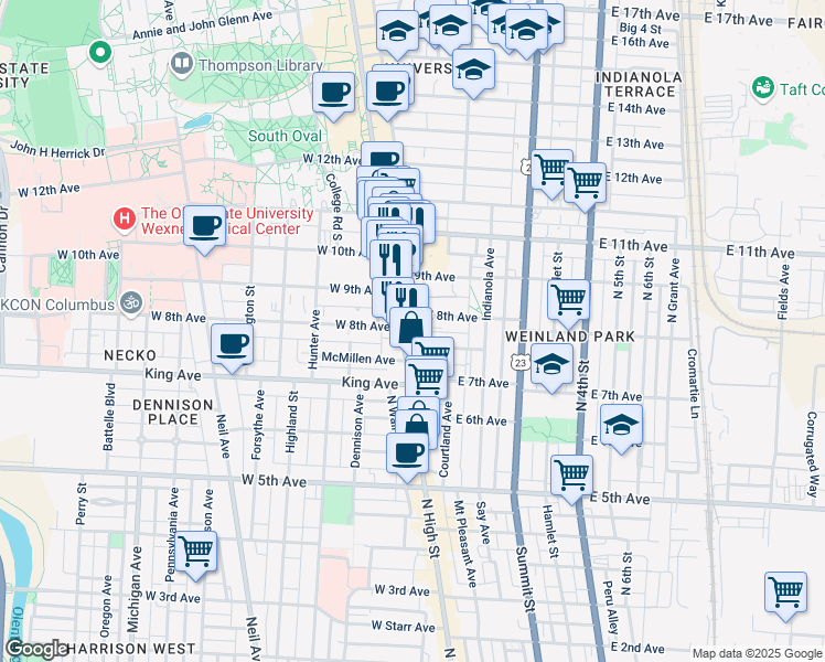 map of restaurants, bars, coffee shops, grocery stores, and more near 24 Euclid Avenue in Columbus