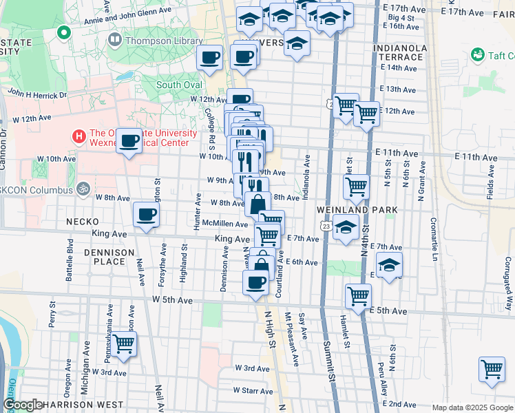 map of restaurants, bars, coffee shops, grocery stores, and more near 24 Euclid Avenue in Columbus