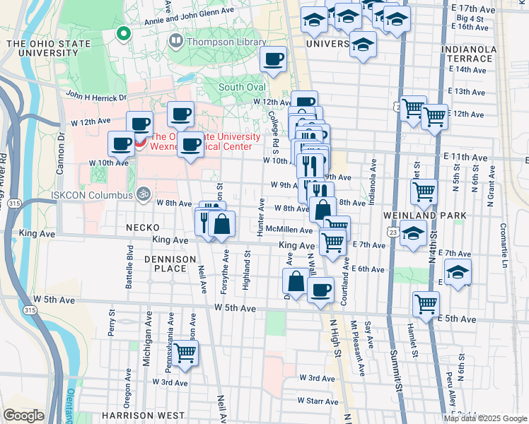 map of restaurants, bars, coffee shops, grocery stores, and more near in Columbus