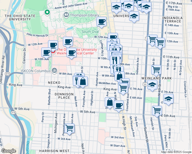 map of restaurants, bars, coffee shops, grocery stores, and more near in Columbus