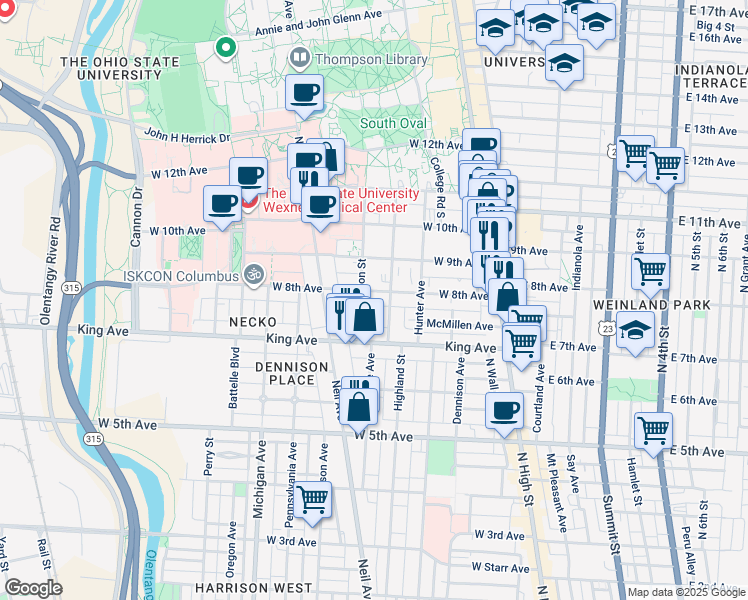 map of restaurants, bars, coffee shops, grocery stores, and more near 1465 Highland Street in Columbus