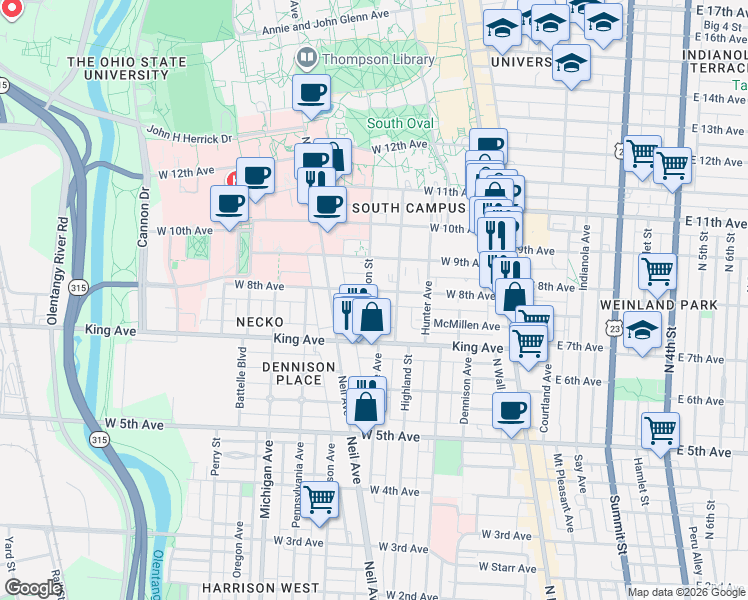 map of restaurants, bars, coffee shops, grocery stores, and more near 1465 Highland Street in Columbus