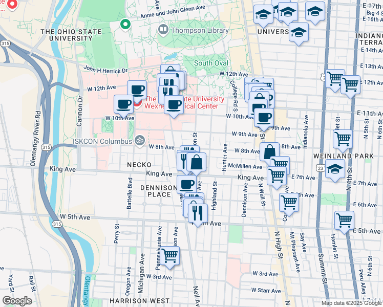map of restaurants, bars, coffee shops, grocery stores, and more near 1461 Worthington Street in Columbus