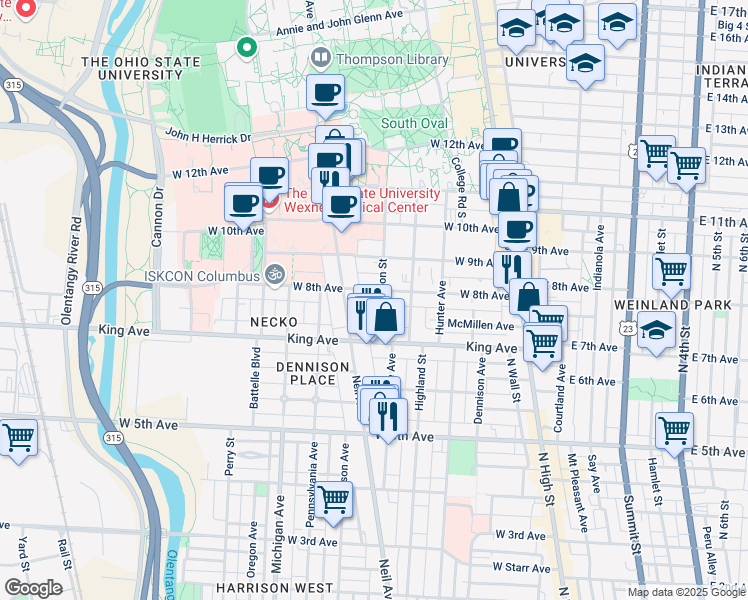 map of restaurants, bars, coffee shops, grocery stores, and more near 1461 Worthington Street in Columbus