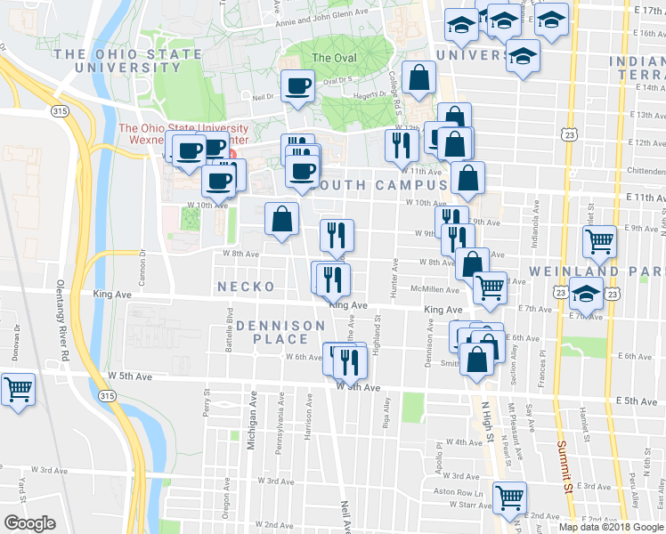 map of restaurants, bars, coffee shops, grocery stores, and more near 1461 Worthington Street in Columbus