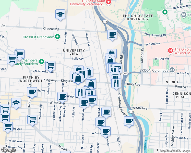 map of restaurants, bars, coffee shops, grocery stores, and more near 850 King Avenue in Columbus