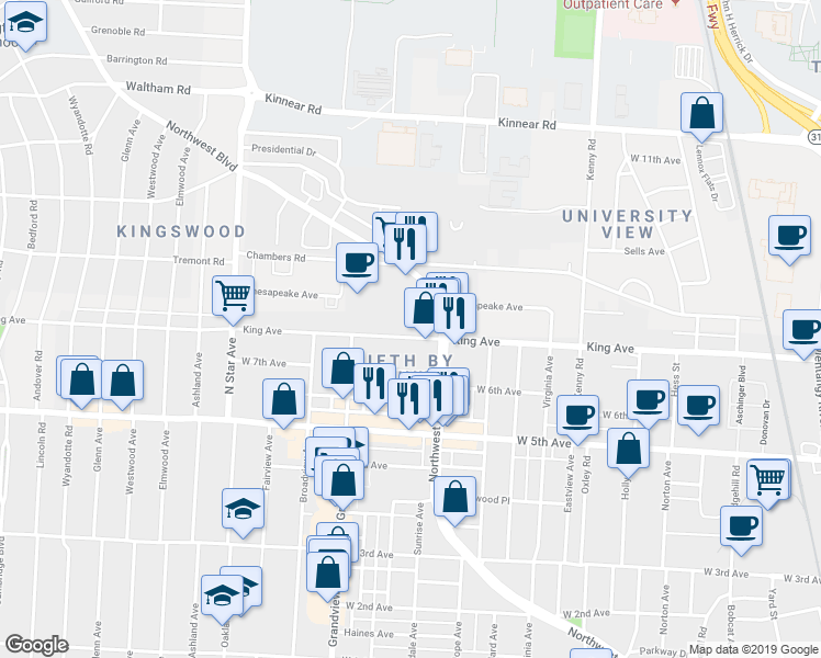 map of restaurants, bars, coffee shops, grocery stores, and more near 1300 King Avenue in Columbus