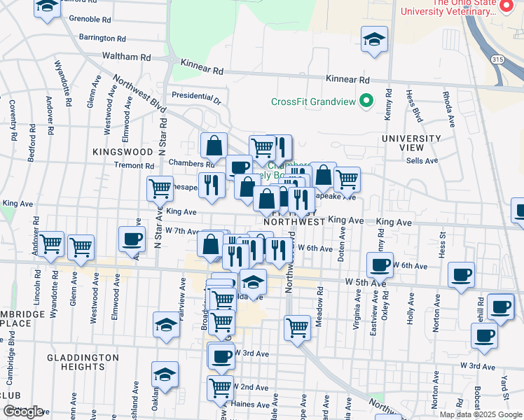 map of restaurants, bars, coffee shops, grocery stores, and more near 1351 King Avenue in Columbus