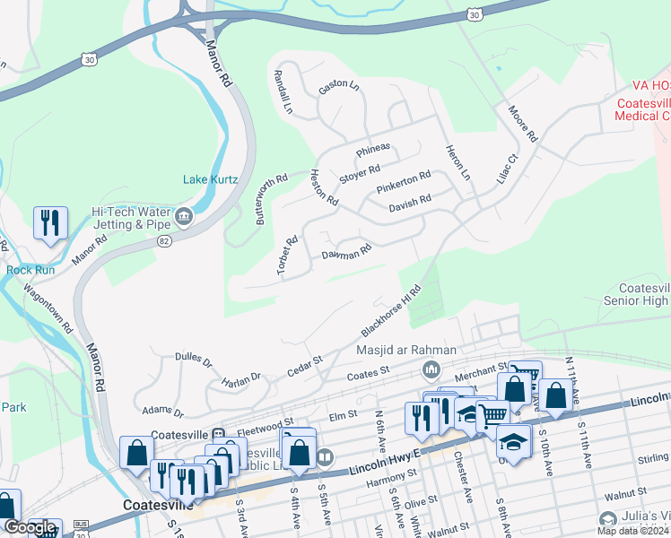 map of restaurants, bars, coffee shops, grocery stores, and more near 1606 Dawman Road in Coatesville