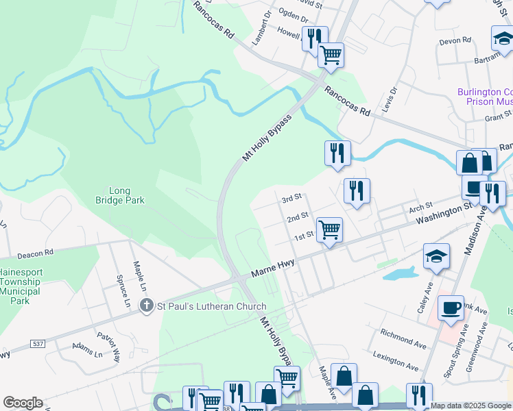map of restaurants, bars, coffee shops, grocery stores, and more near in Eastampton Township