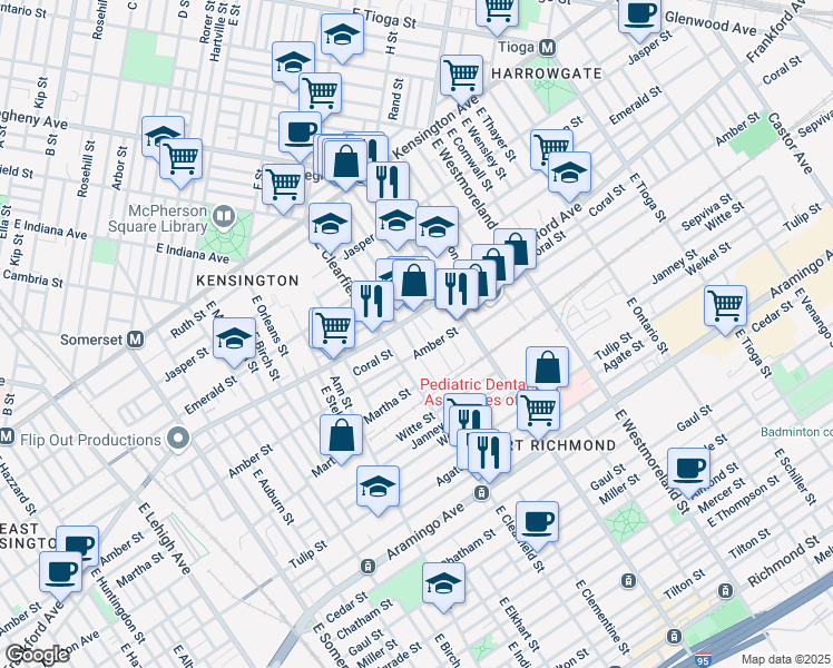 map of restaurants, bars, coffee shops, grocery stores, and more near 2062 East Lippincott Street in Philadelphia