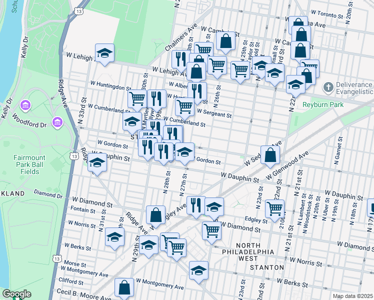map of restaurants, bars, coffee shops, grocery stores, and more near 2342 North 27th Street in Philadelphia