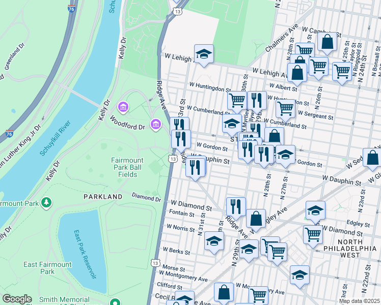 map of restaurants, bars, coffee shops, grocery stores, and more near 3209 West Dauphin Street in Philadelphia