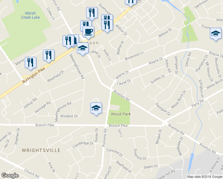 map of restaurants, bars, coffee shops, grocery stores, and more near 0 Wayne Drive in Cinnaminson