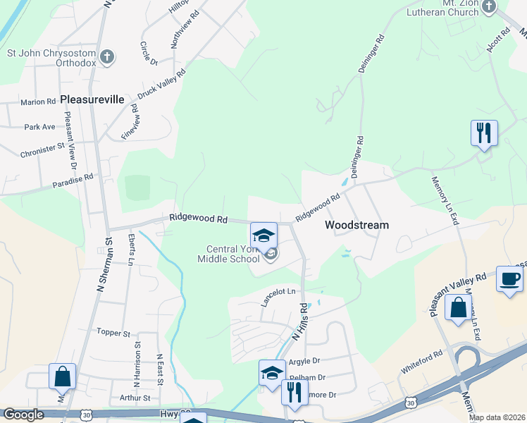 map of restaurants, bars, coffee shops, grocery stores, and more near 1553 Ridgewood Road in York