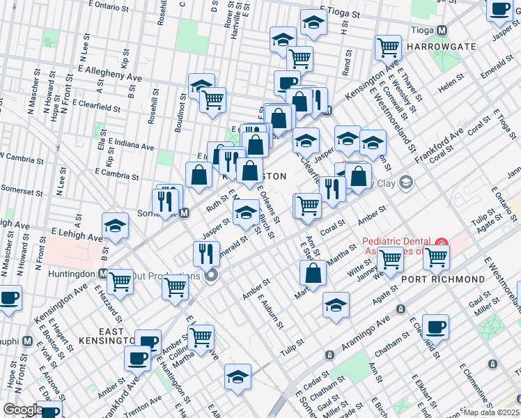 map of restaurants, bars, coffee shops, grocery stores, and more near 1919 East Birch Street in Philadelphia