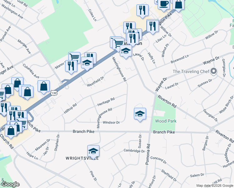 map of restaurants, bars, coffee shops, grocery stores, and more near 817 Heritage Road in Cinnaminson