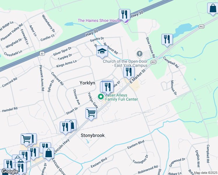 map of restaurants, bars, coffee shops, grocery stores, and more near 3953 Eastgate Drive in York
