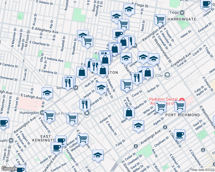 map of restaurants, bars, coffee shops, grocery stores, and more near 1919 East Birch Street in Philadelphia