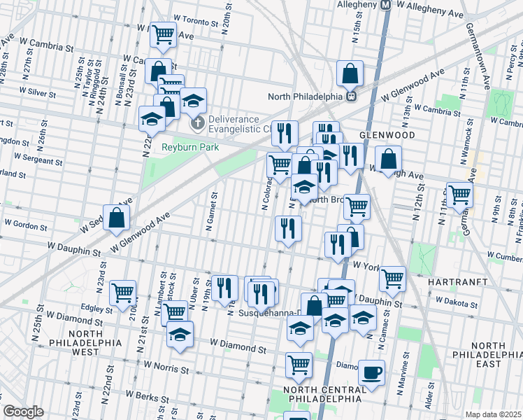 map of restaurants, bars, coffee shops, grocery stores, and more near 2508 North Colorado Street in Philadelphia