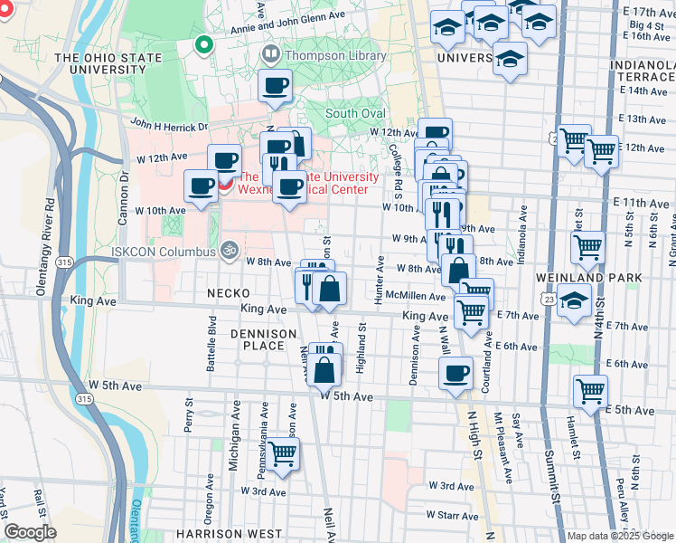 map of restaurants, bars, coffee shops, grocery stores, and more near 1465 Highland Street in Columbus