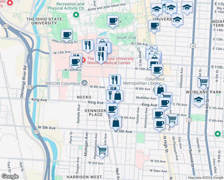map of restaurants, bars, coffee shops, grocery stores, and more near 235 West 8th Avenue in Columbus