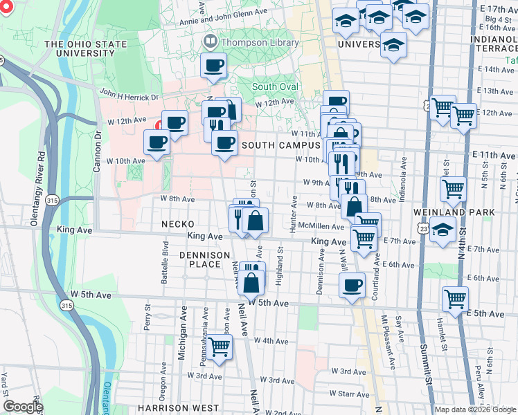 map of restaurants, bars, coffee shops, grocery stores, and more near 197 West 8th Avenue in Columbus
