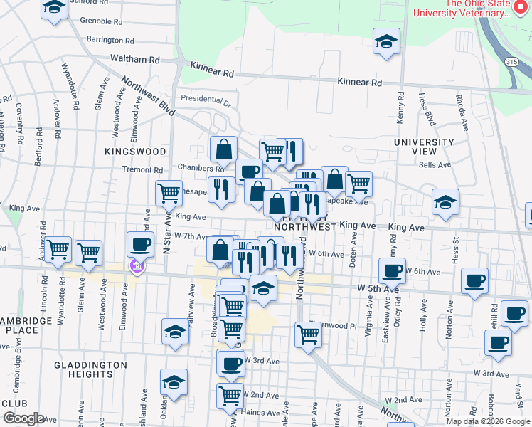 map of restaurants, bars, coffee shops, grocery stores, and more near 1351 King Avenue in Columbus