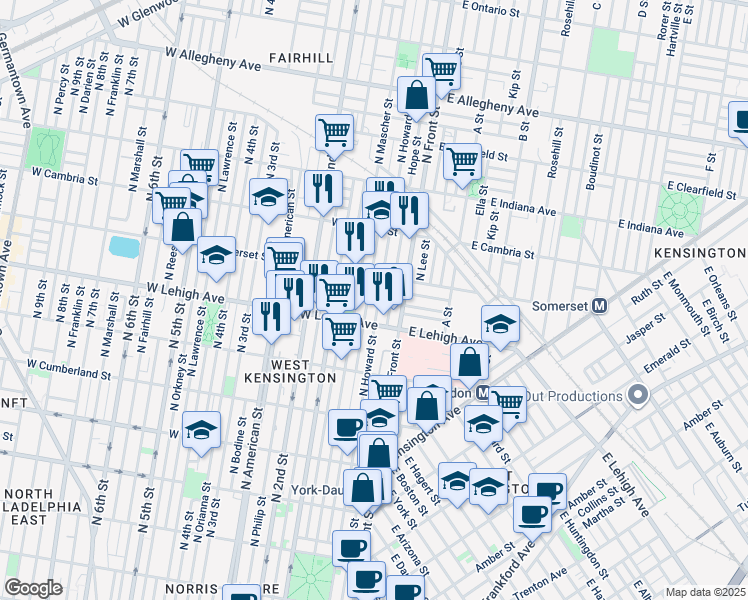 map of restaurants, bars, coffee shops, grocery stores, and more near 2736 North Howard Street in Philadelphia