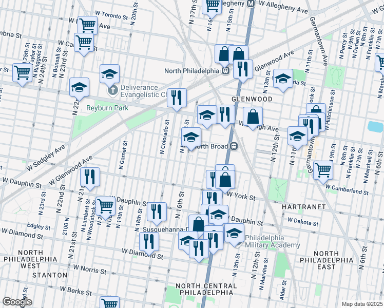 map of restaurants, bars, coffee shops, grocery stores, and more near 2539 North 16th Street in Philadelphia