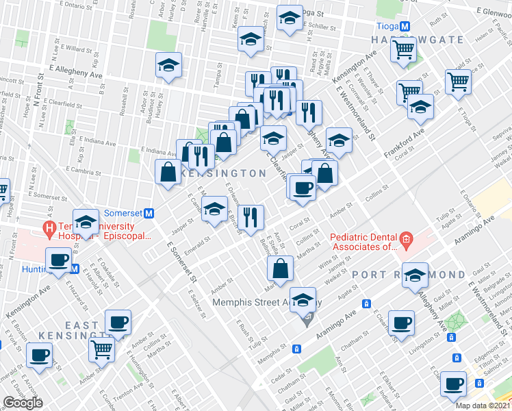 map of restaurants, bars, coffee shops, grocery stores, and more near Emerald St & E Stella St in Philadelphia