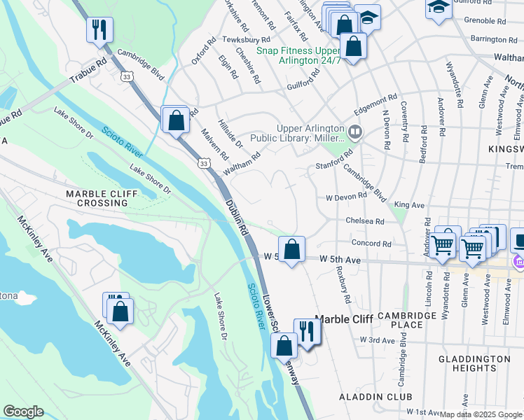 map of restaurants, bars, coffee shops, grocery stores, and more near 1800 Riverside Drive in Columbus